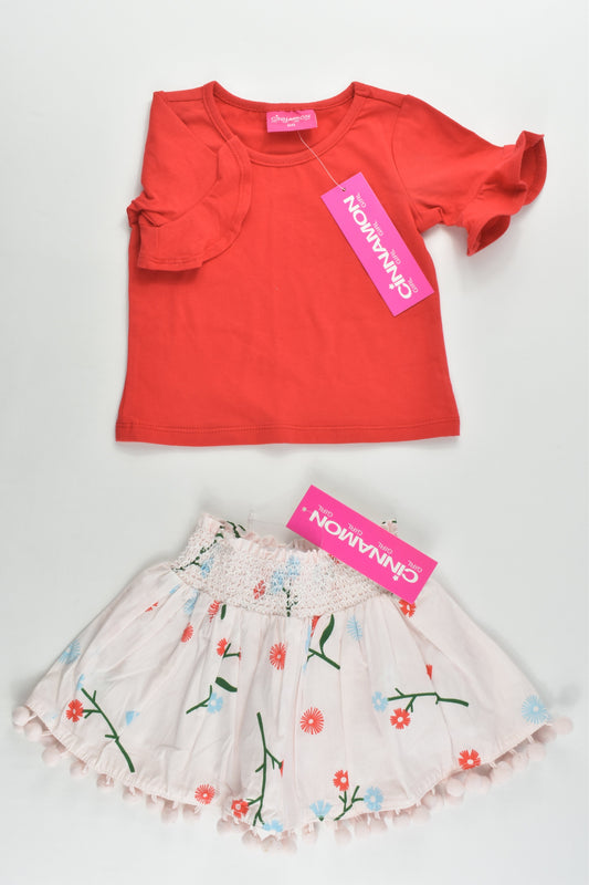 NEW Cinnamon Girl Size 00 Red T-shirt and Floral Lined Skirt