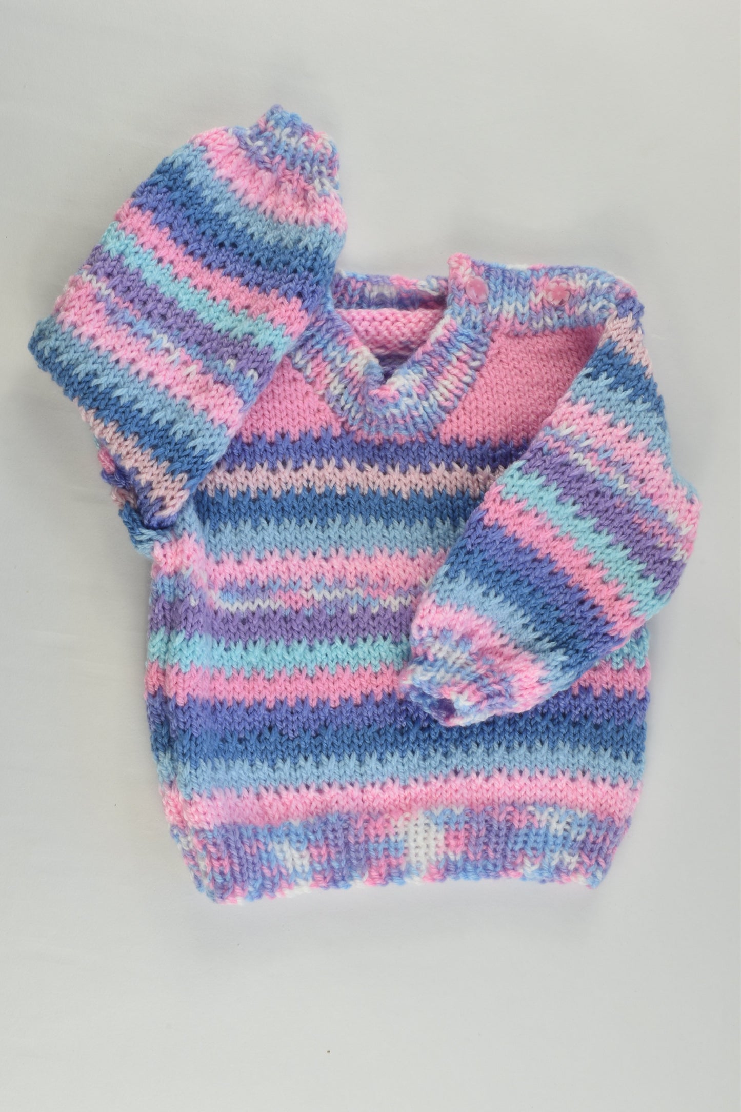 NEW Handmade Size approx 00-0 Blue and Pink Mix Knitted Jumper