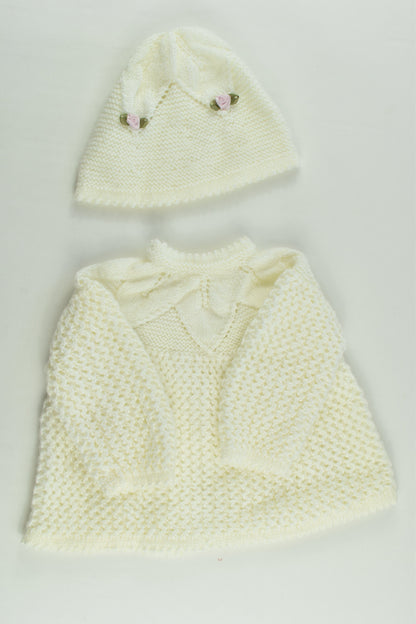 NEW Handmade Size approx 00-0 Rose Detail Knitted Cardigan and Beanie