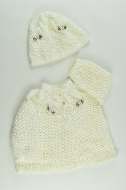 NEW Handmade Size approx 00-0 Rose Detail Knitted Cardigan and Beanie