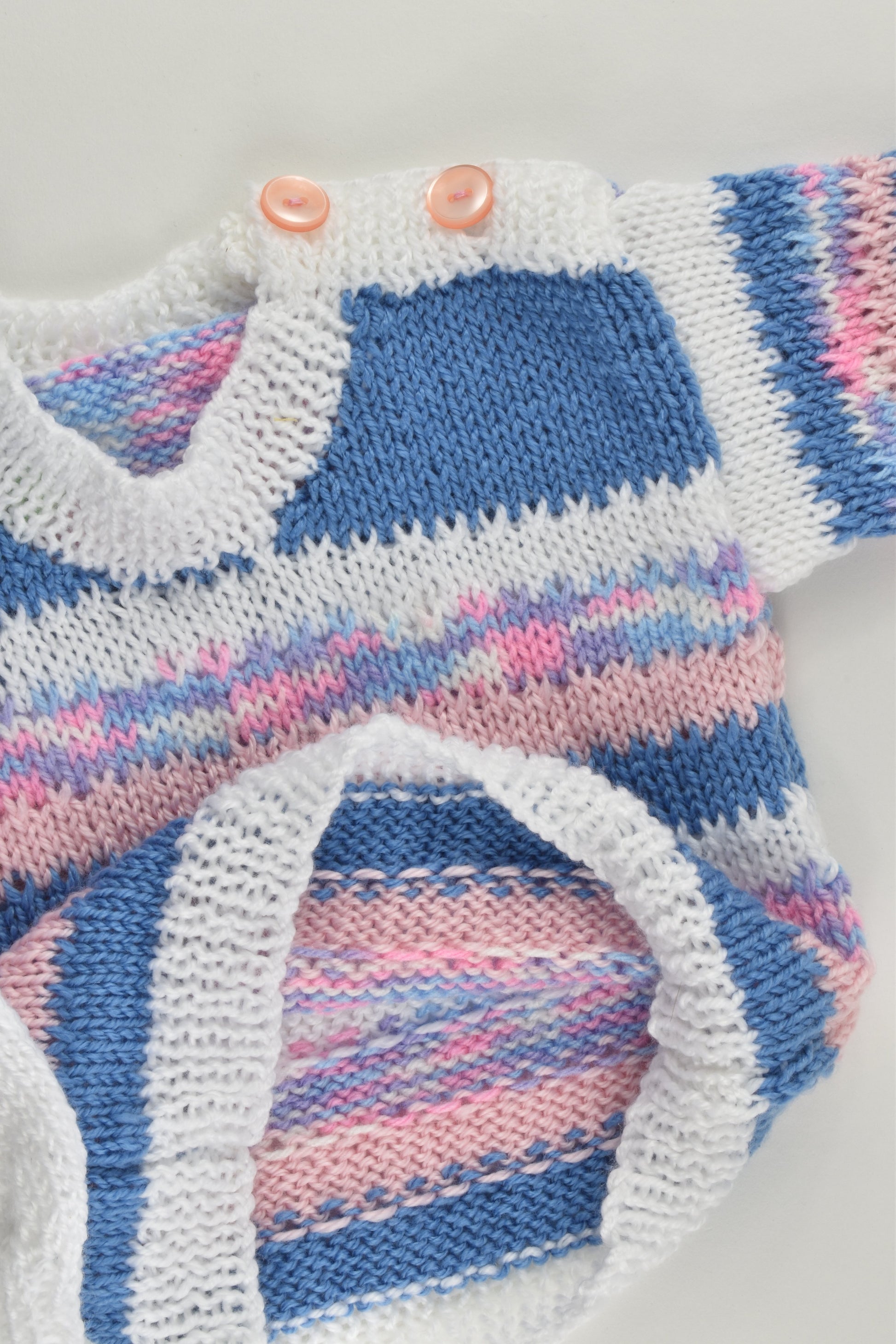 NEW Handmade Size approx 00-0 White, Pink and Blue Mix Knitted Jumper