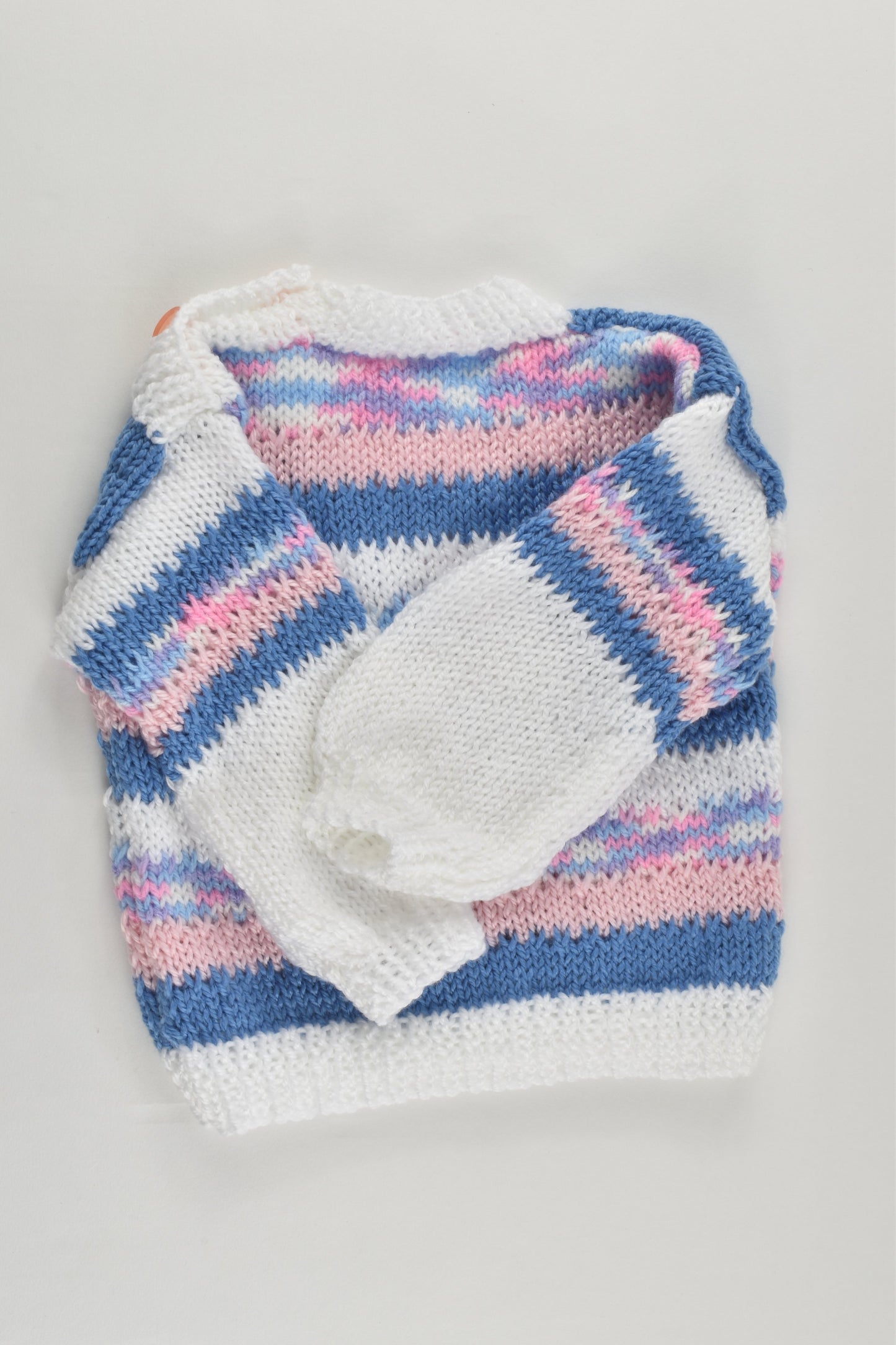 NEW Handmade Size approx 00-0 White, Pink and Blue Mix Knitted Jumper