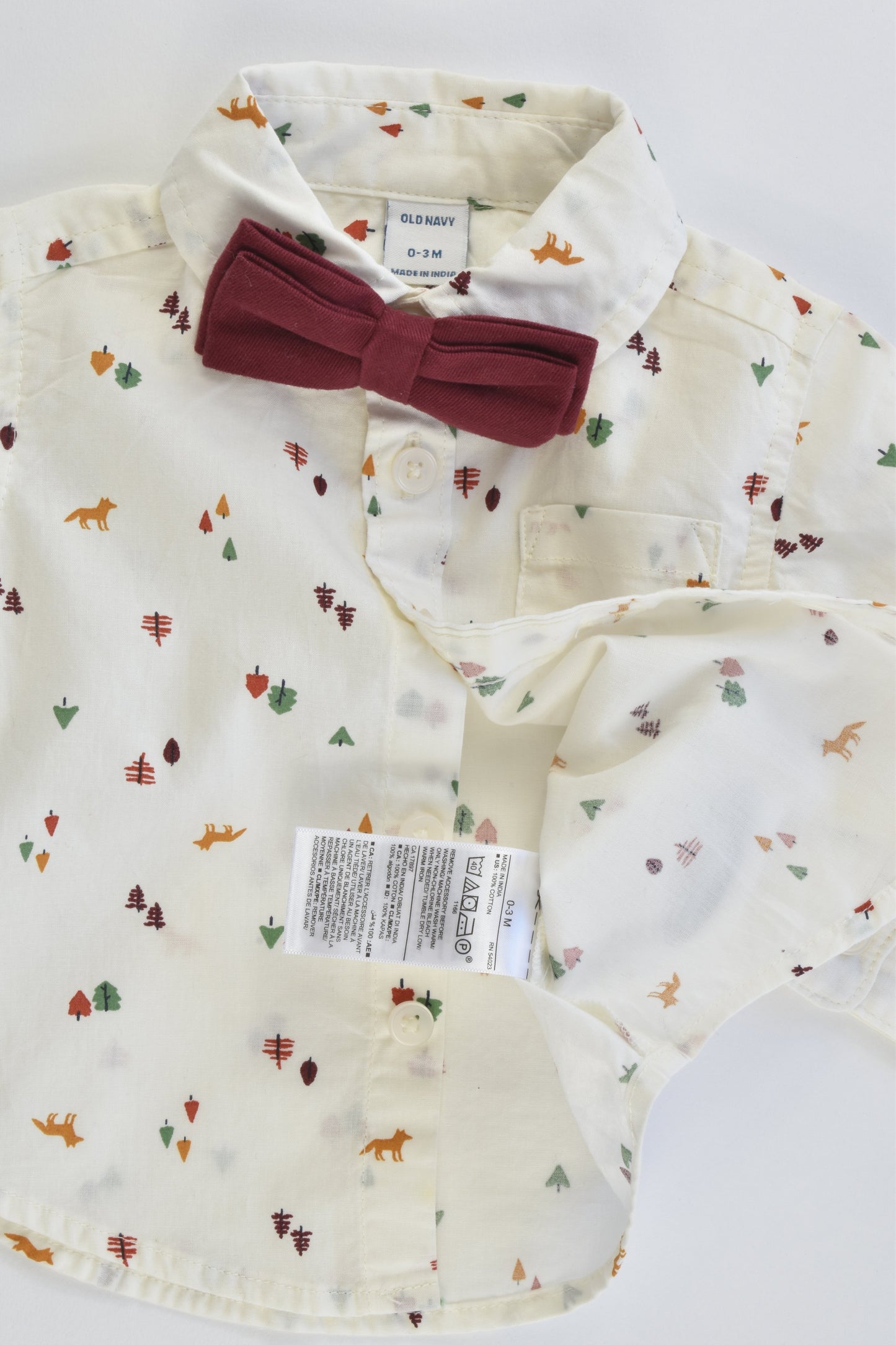 NEW Old Navy Size 000 (0-3 months) Foxes and Trees Collared Shirt with Bow