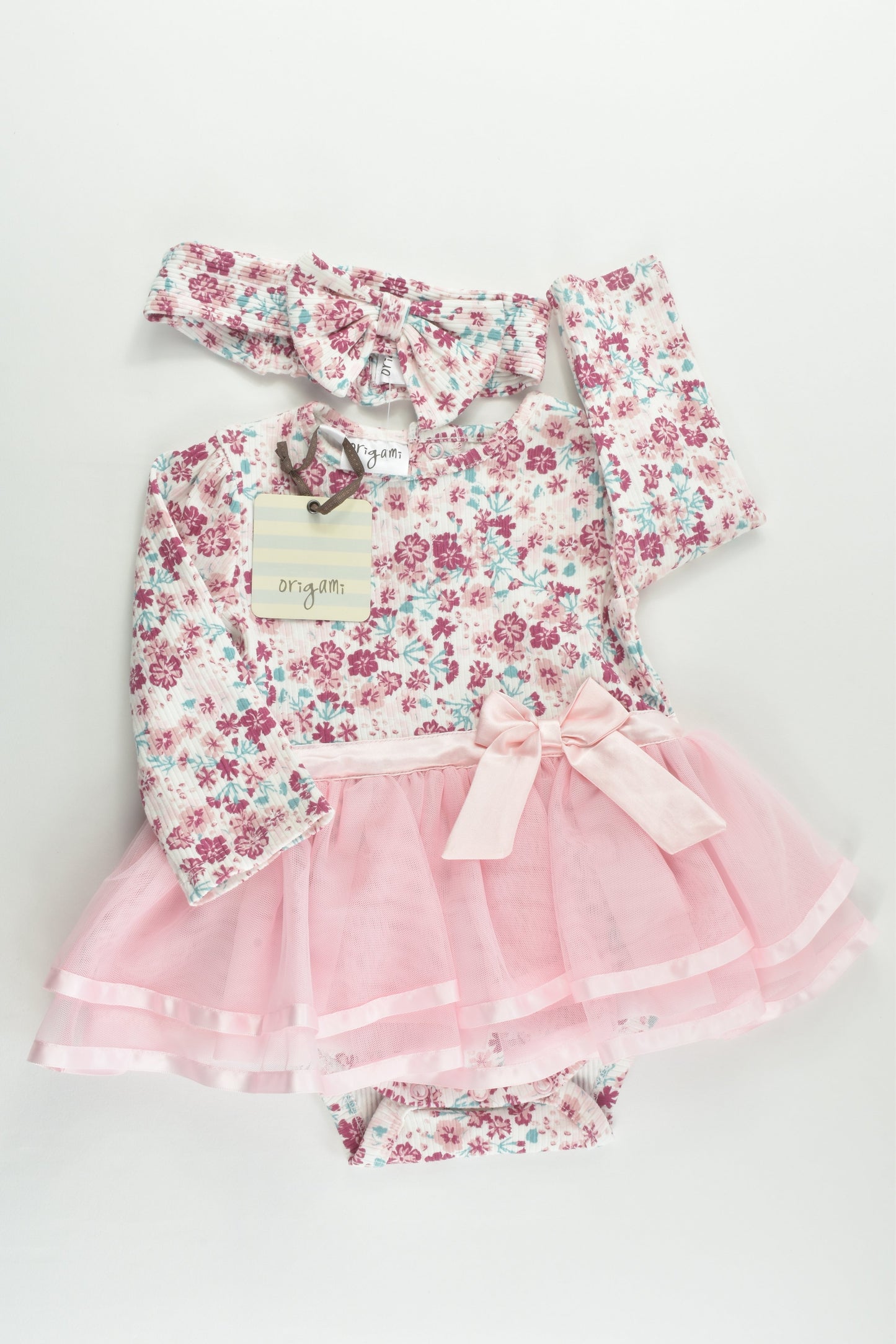 NEW Origami Size 0 Ribbed Floral Tulle Dress with Bodysuit Underneath and Matching Head Band
