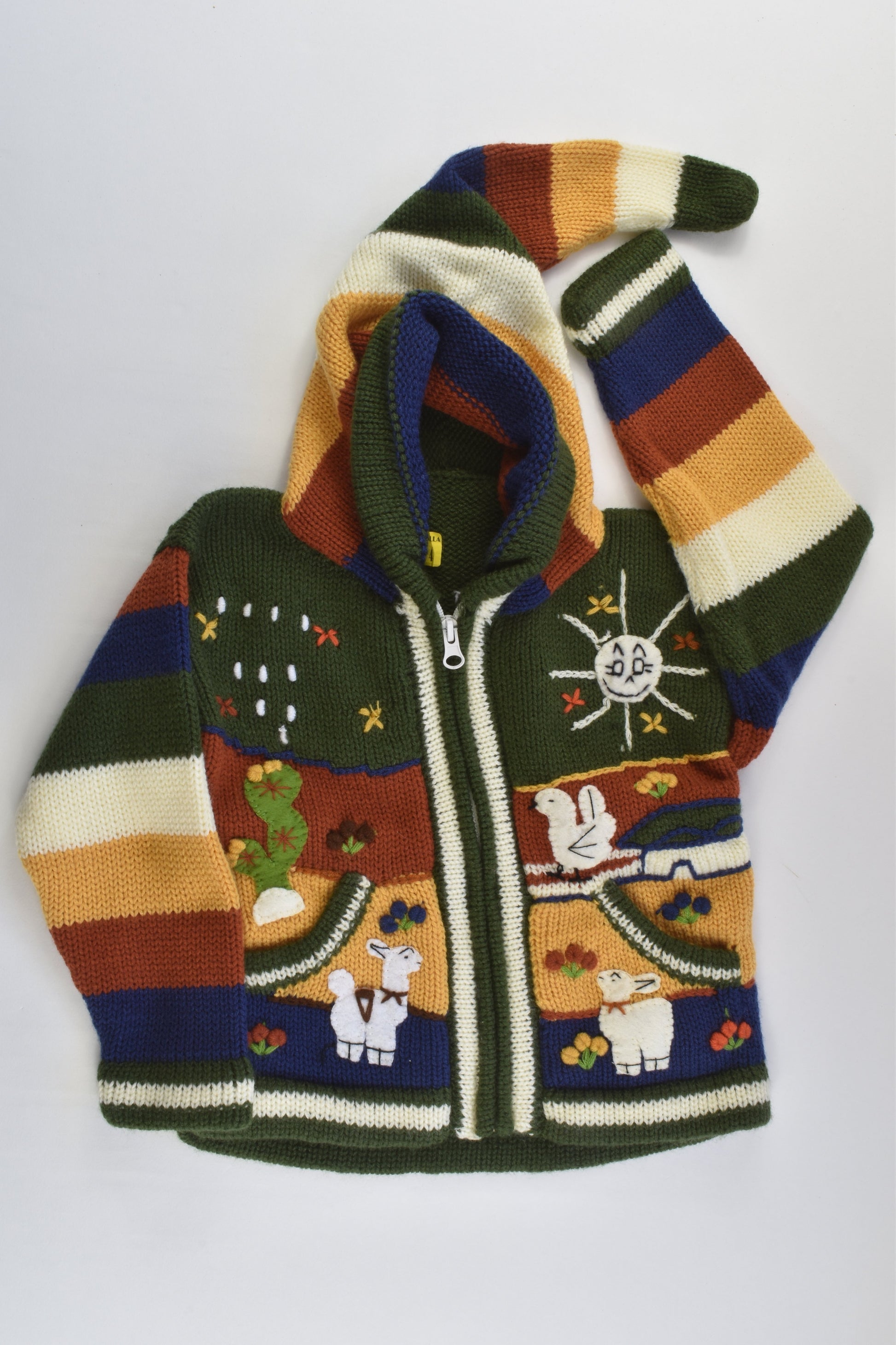 NEW Peruvian Handmade Size 4 Wool Jumper with Zip and Long Hood