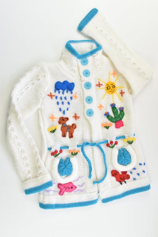 NEW Peruvian Handmade Size 6 White Wool Cardigan with Buttons and Collar