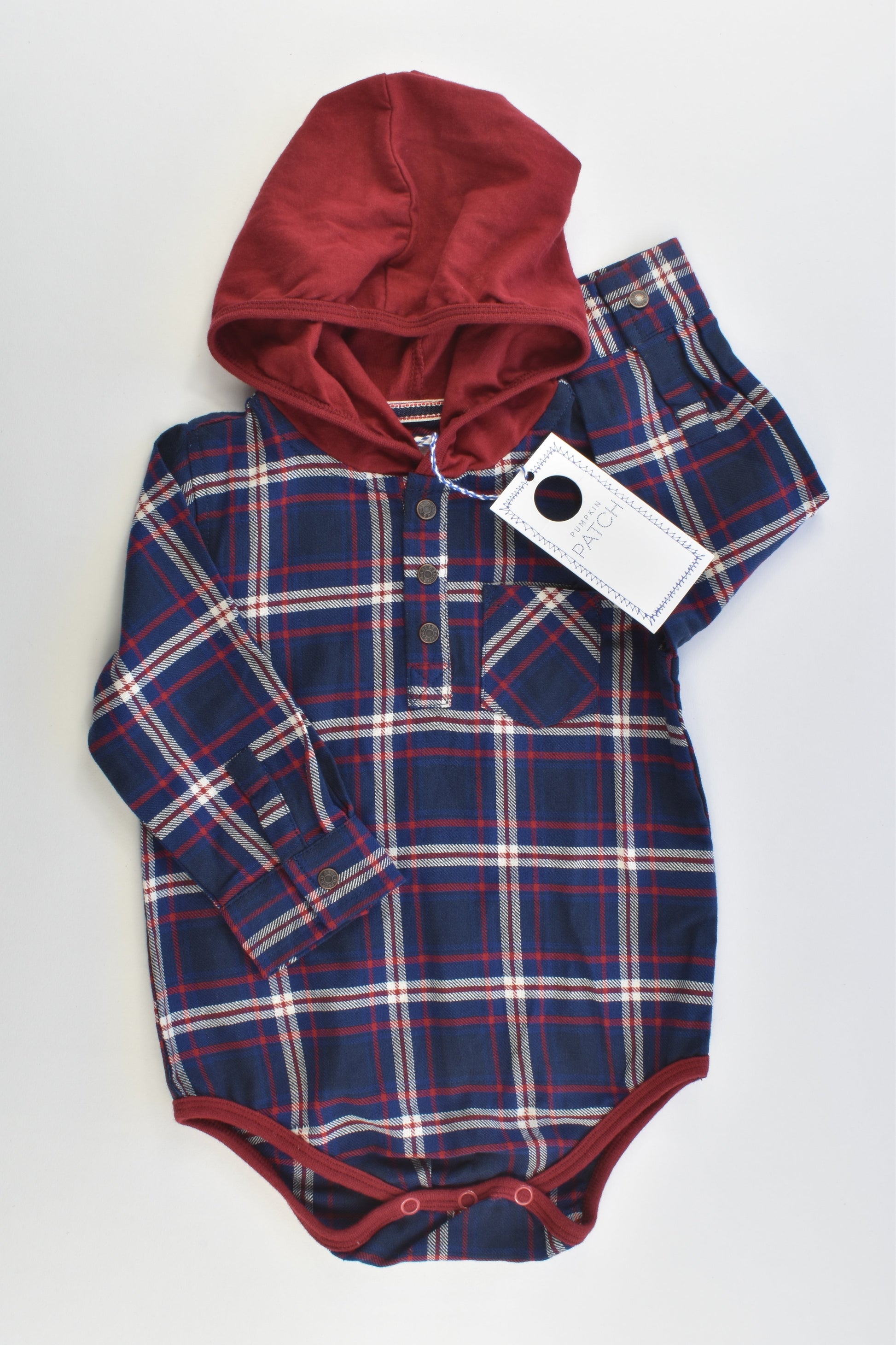NEW Pumpkin Patch Size 0 (6-12 months) Hooded Checked Bodysuit