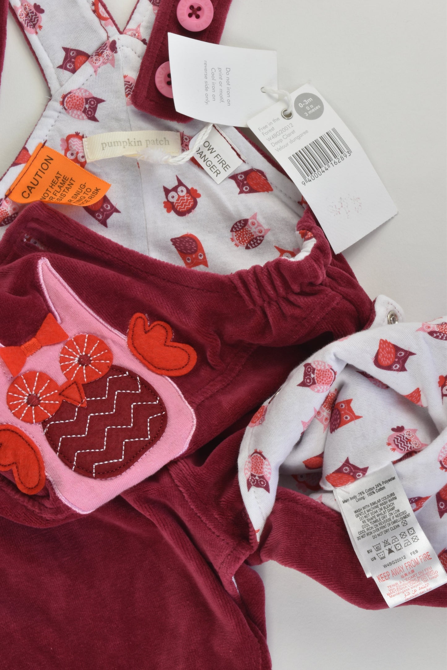 NEW Pumpkin Patch Size 000 (0-3 months) Lined Owl Velour Overalls