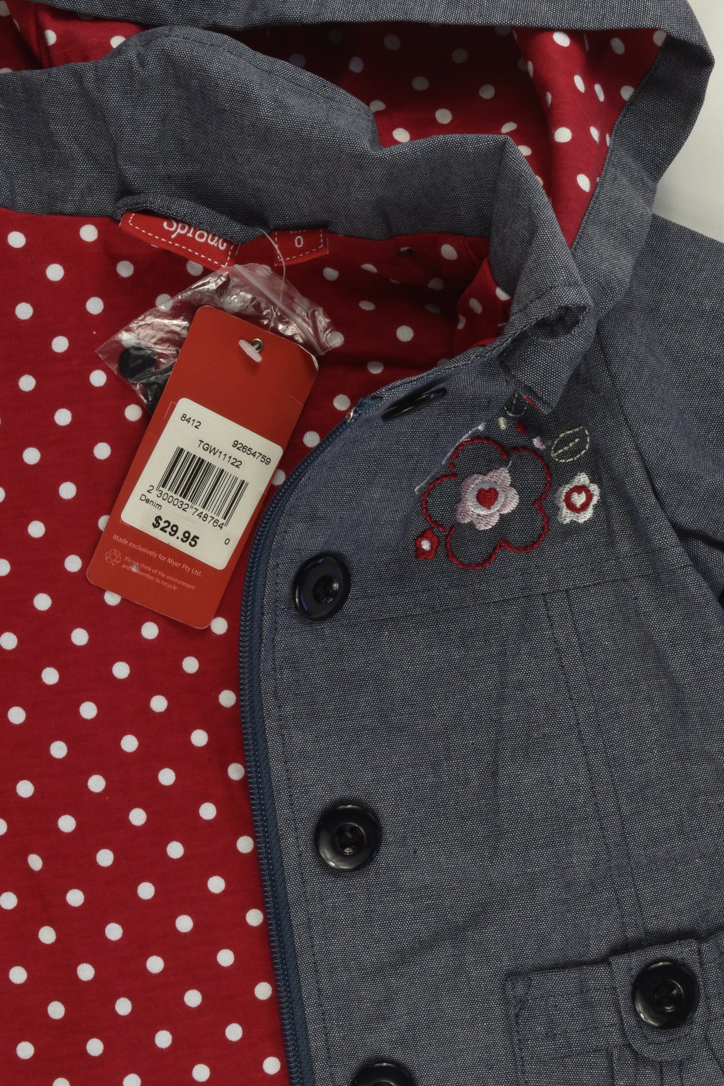 NEW Sprout Size 0 Polka Dots Lined Soft Denim Jacket with Floral Embroidery