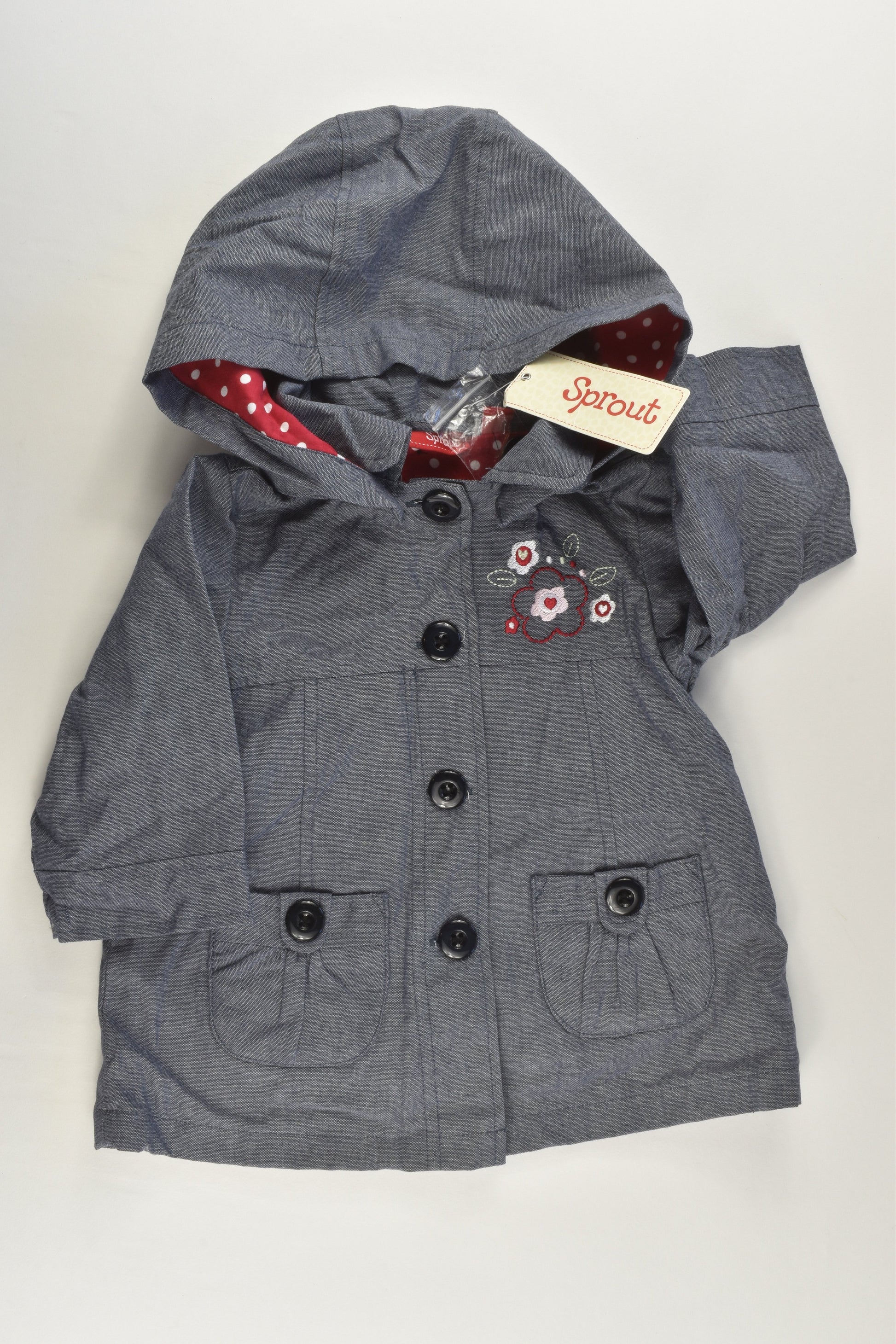 NEW Sprout Size 0 Polka Dots Lined Soft Denim Jacket with Floral Embroidery