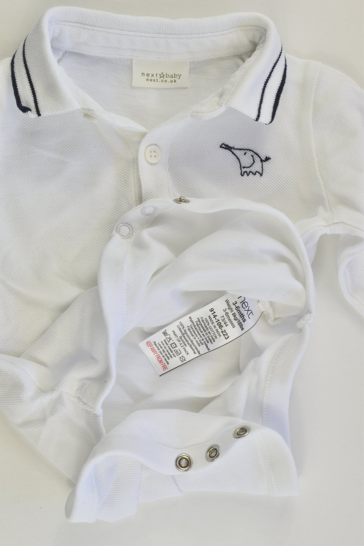 Next (UK) Size 00 (3-6 months) Elephant White Polo Bodysuit