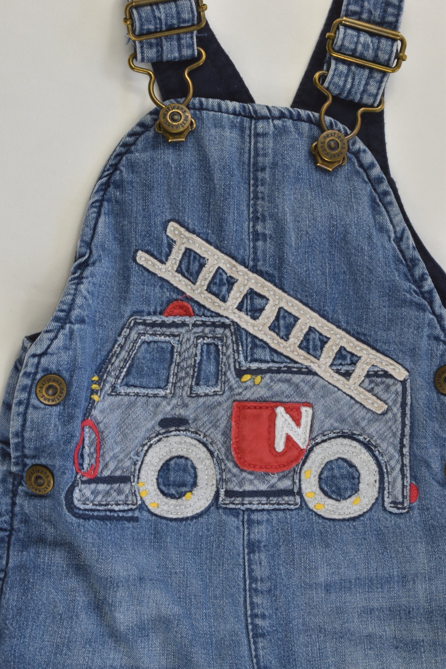 Next (UK) Size 00 (3-6 months) Lined Soft Fire Engine Denim Overalls