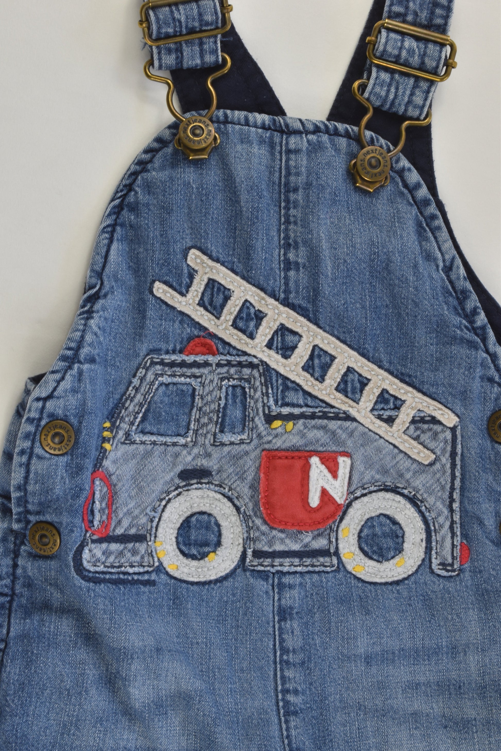 Next (UK) Size 00 (3-6 months) Lined Soft Fire Engine Denim Overalls