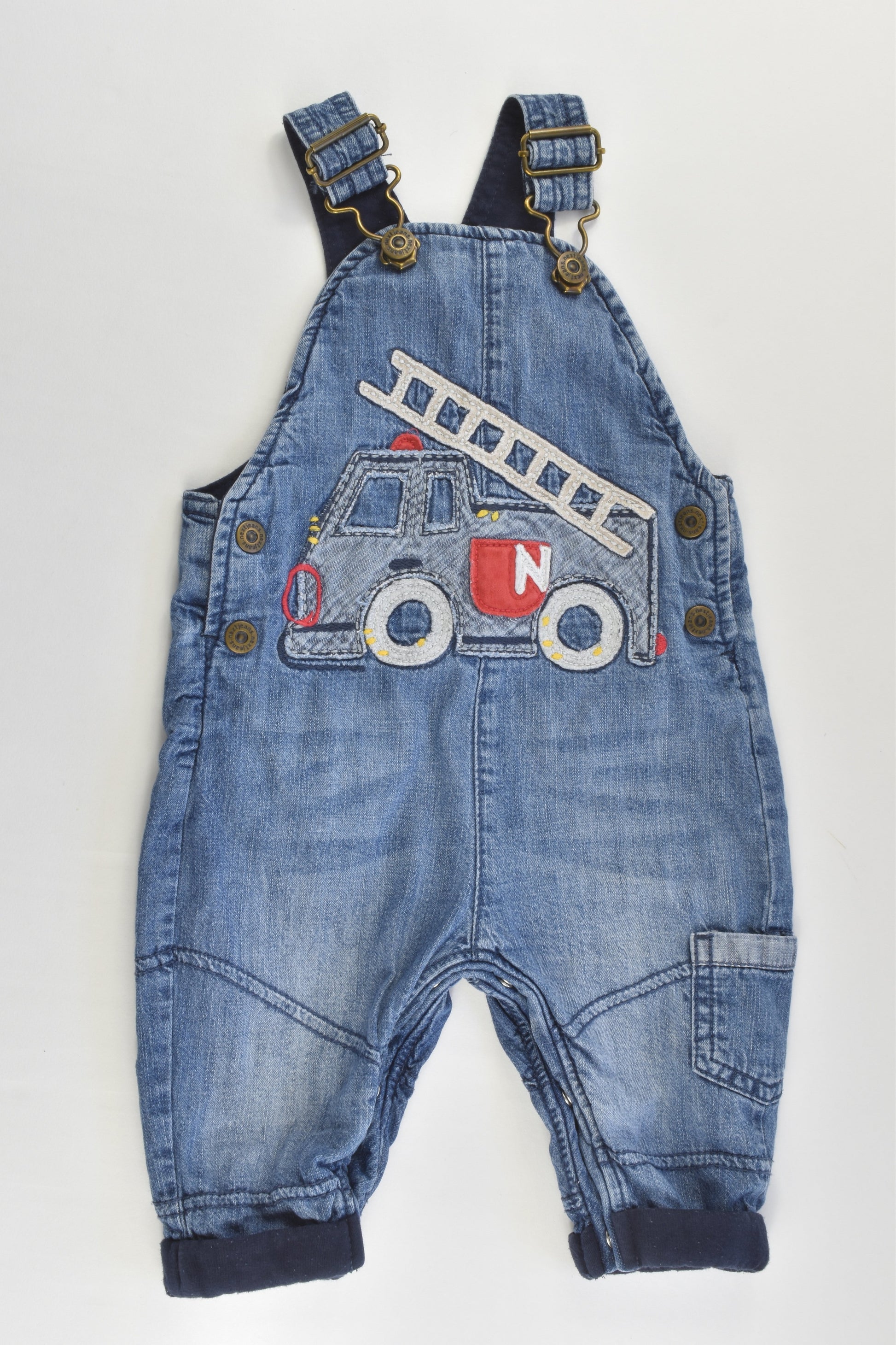 Next (UK) Size 00 (3-6 months) Lined Soft Fire Engine Denim Overalls