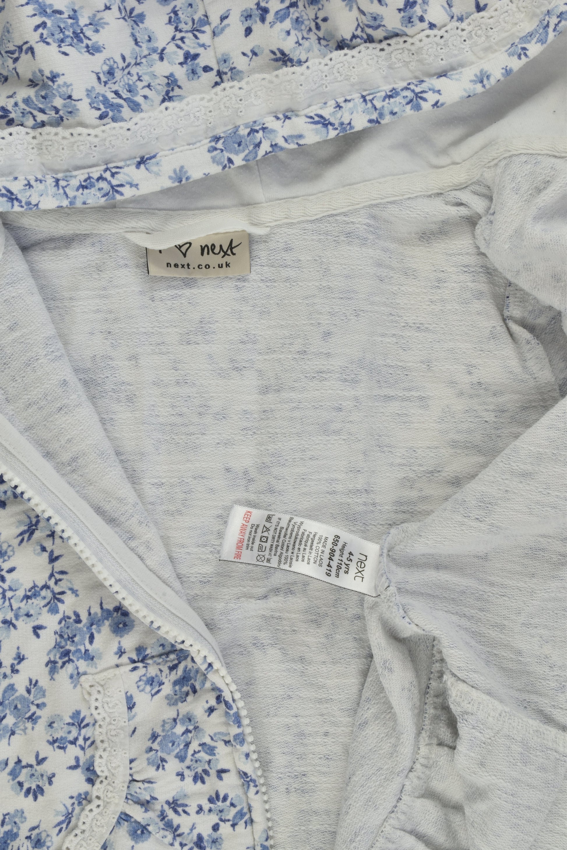 Next (UK) Size 4-5 (110 cm) Floral Hooded Jumper with Lace Details