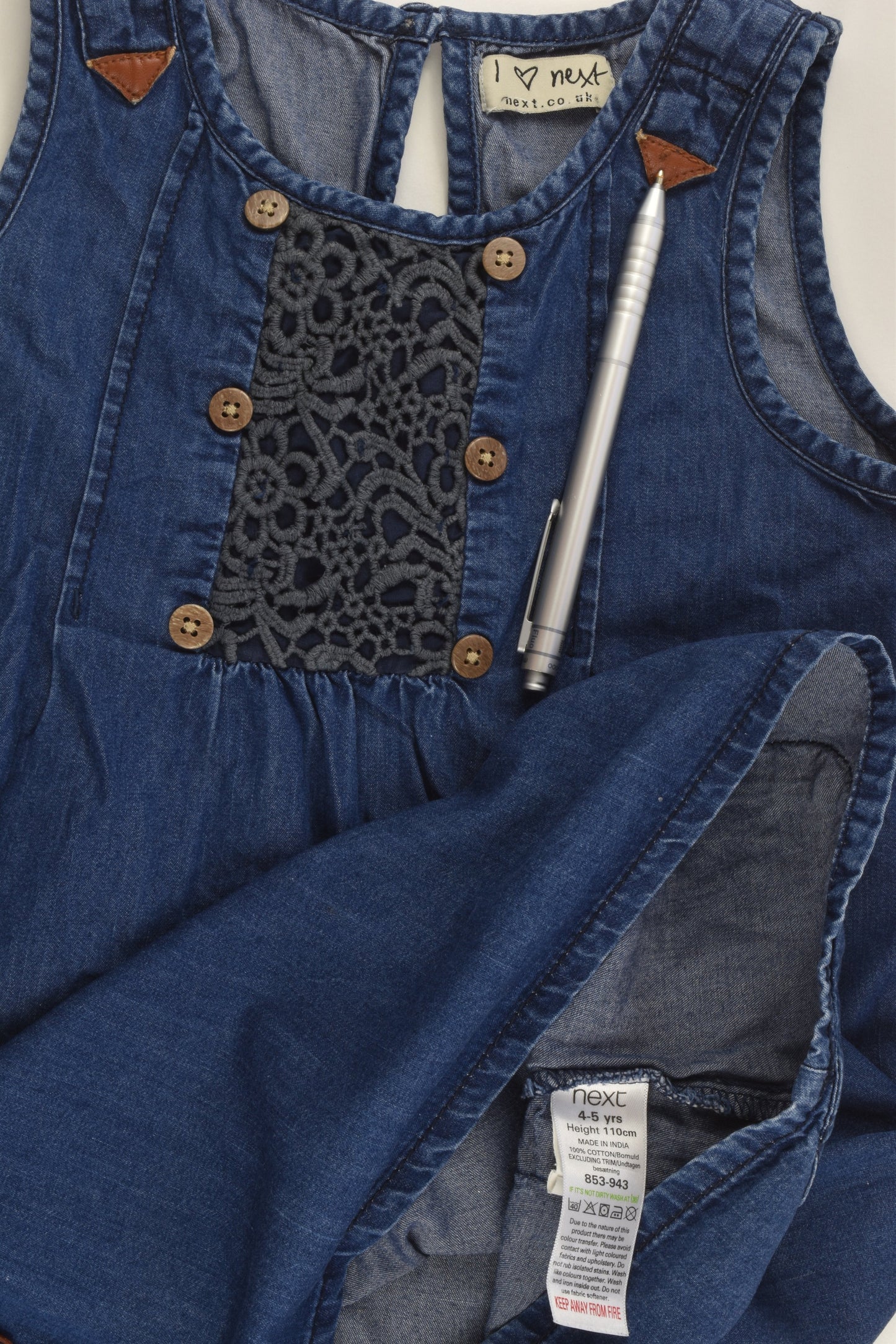 Next (UK) Size 4-5 (110 cm) Lightweight Denim Dress with Lace Detail
