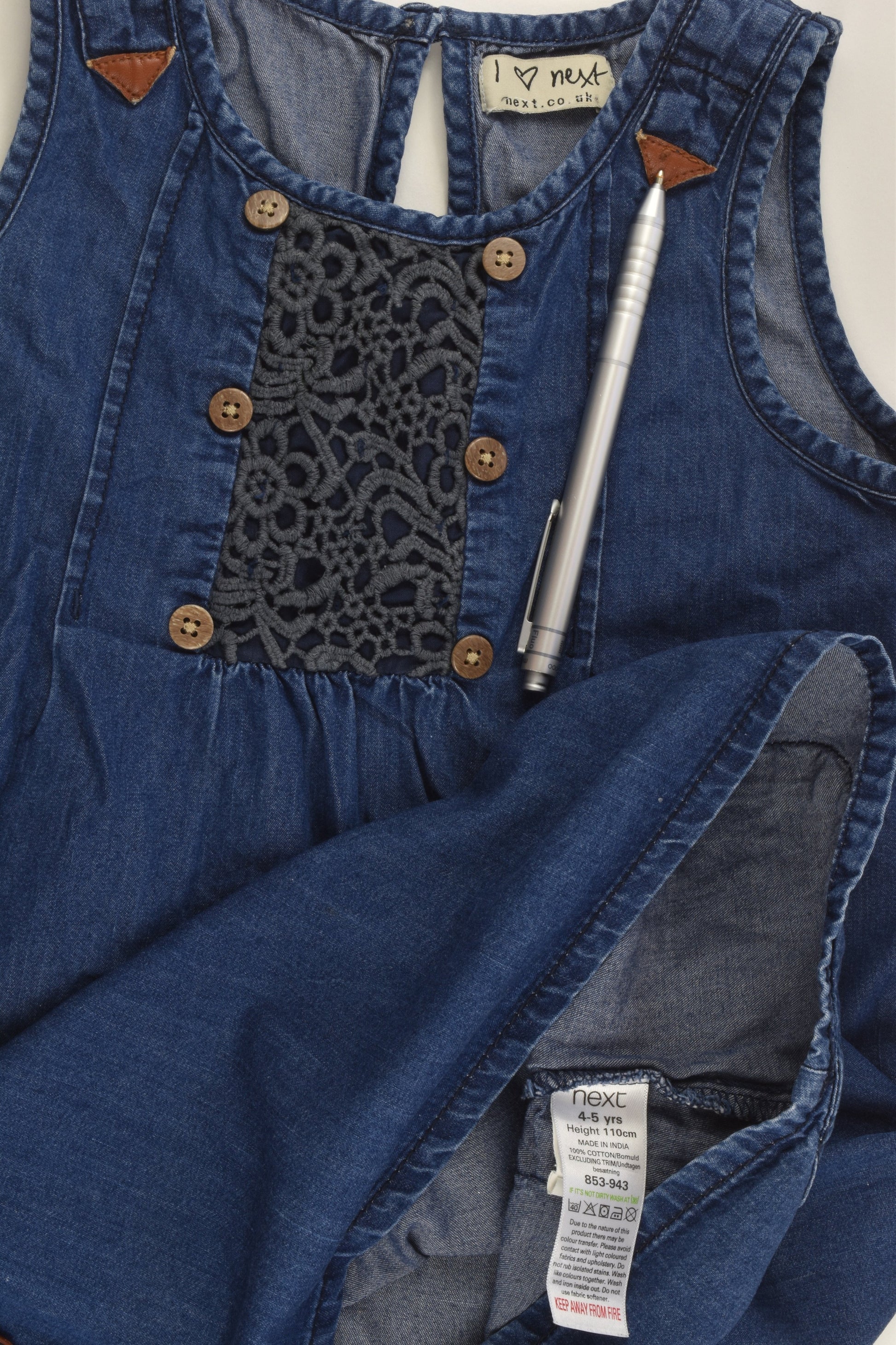Next (UK) Size 4-5 (110 cm) Lightweight Denim Dress with Lace Detail