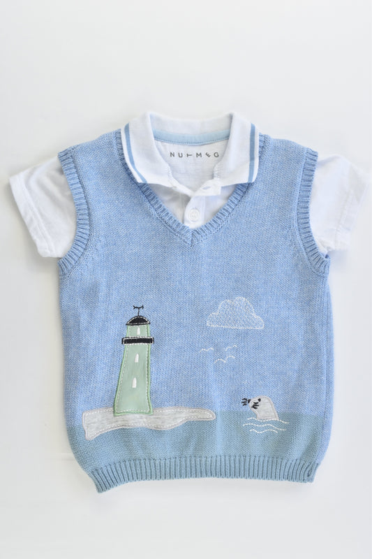 Nutmeg Size 0 (9-12 months, 80 cm) Lighthouse and Seal Knitted Vest and Collared T-shirt