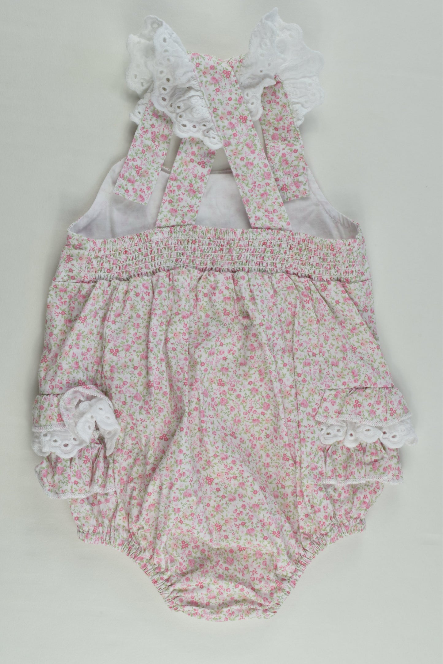 Ollie's Place Size 000 Short Floral Romper with Ruffle and Lace Details