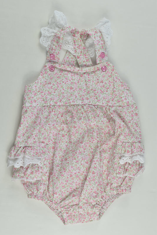 Ollie's Place Size 000 Short Floral Romper with Ruffle and Lace Details