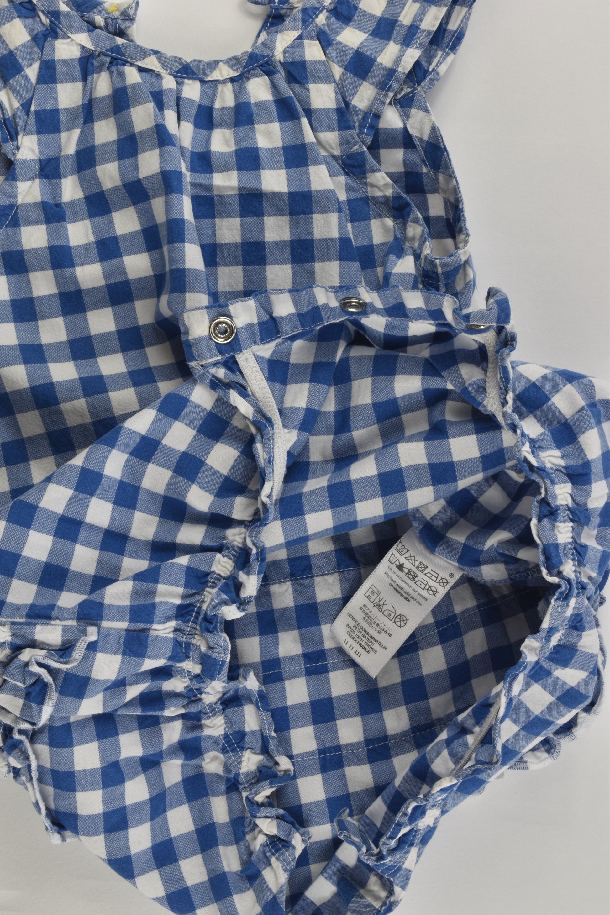 Petit Bateau (France) Size 00 (6 months, 67 cm) Checked Short Romper with Ruffle at the Back
