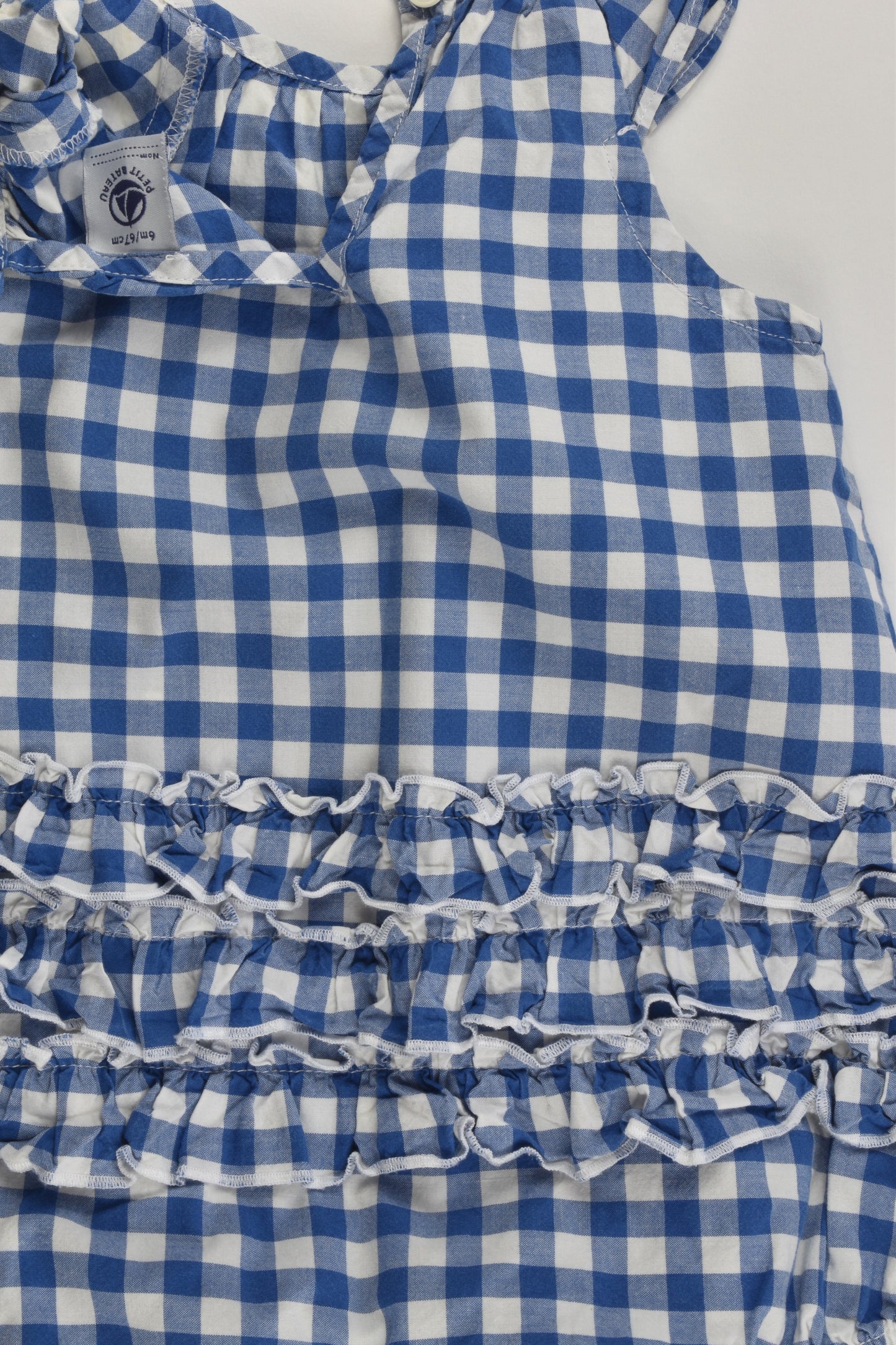 Petit Bateau (France) Size 00 (6 months, 67 cm) Checked Short Romper with Ruffle at the Back