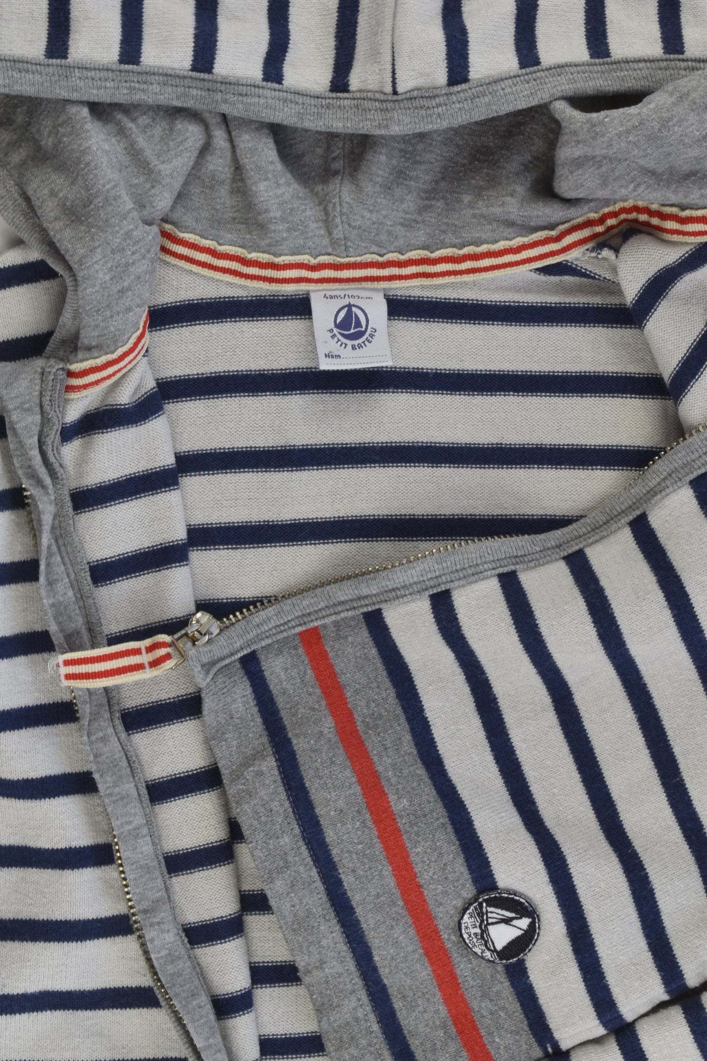 Petit Bateau (France) Size 3-4 (4 years, 102 cm) Striped Zip Hooded Jumper