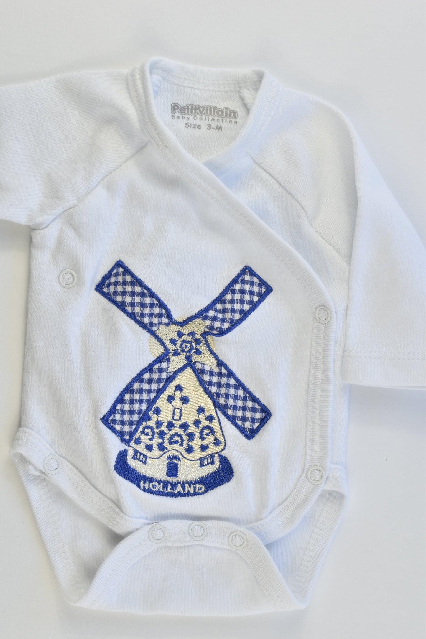 Petit Villain (Netherlands) Size 0000 'Holland' Blue Windmill Bodysuit