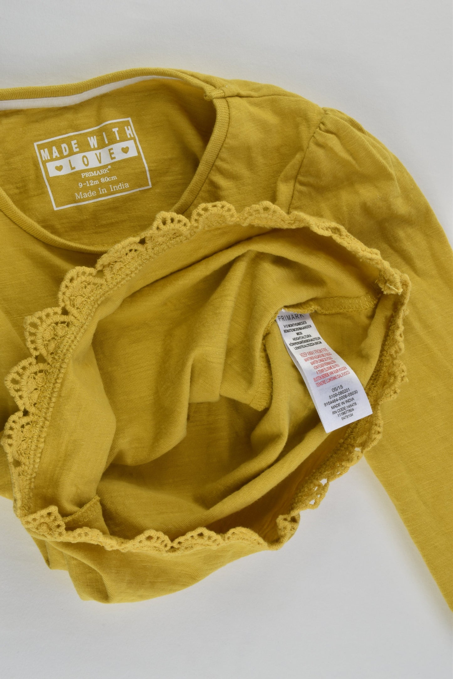 Primark Size 0 (9-12 months, 80 cm) Mustard Top with Lace Hem