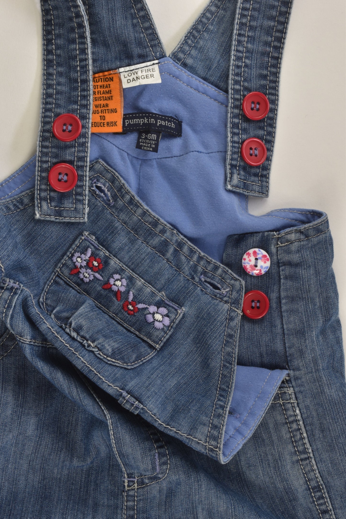 Pumpkin Patch Size 00 Lined Denim Overalls with Floral Embroidery