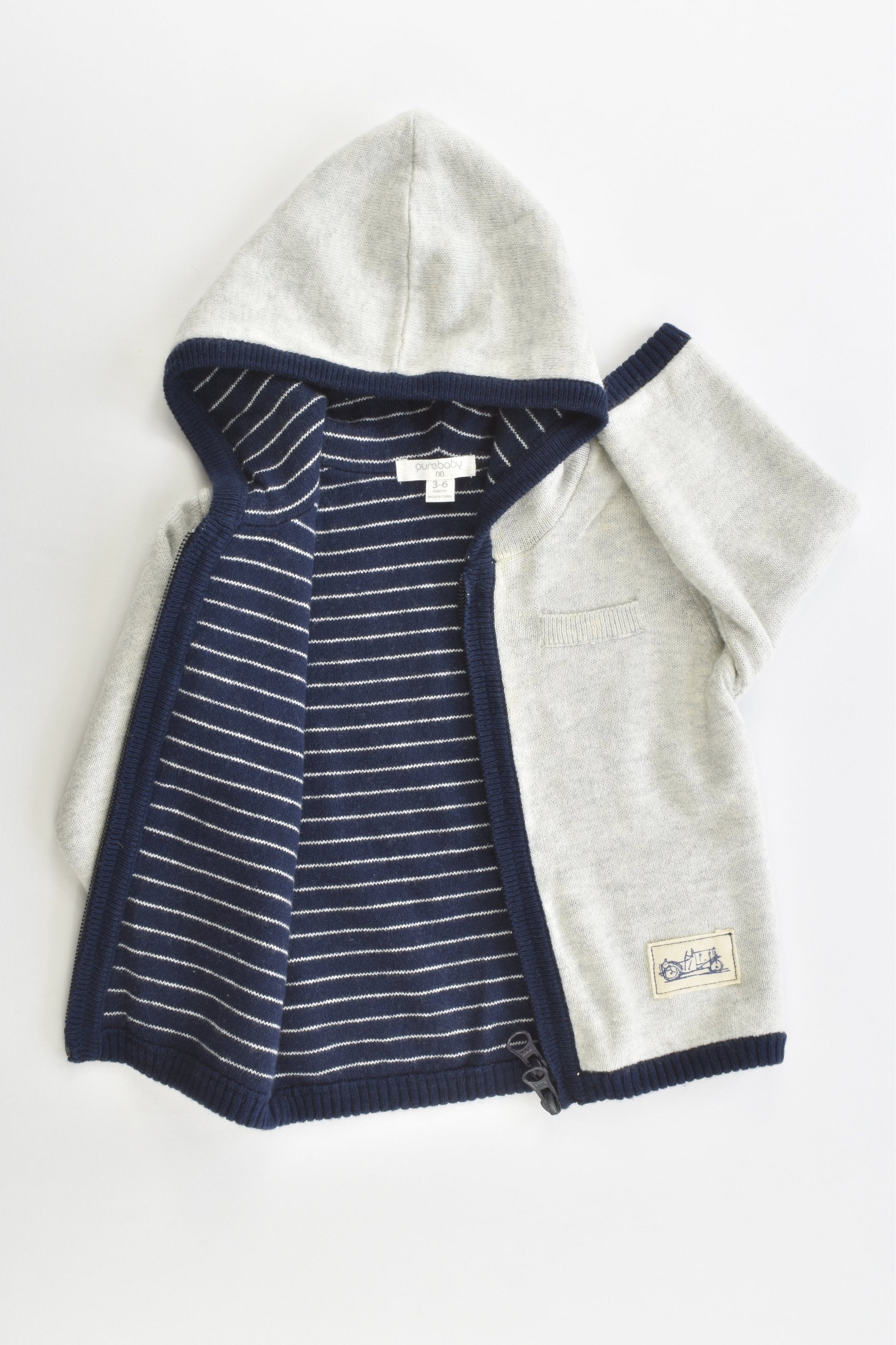 Purebaby Size 00 (3-6 months) Lined Hooded Cotton/Wool Jumper