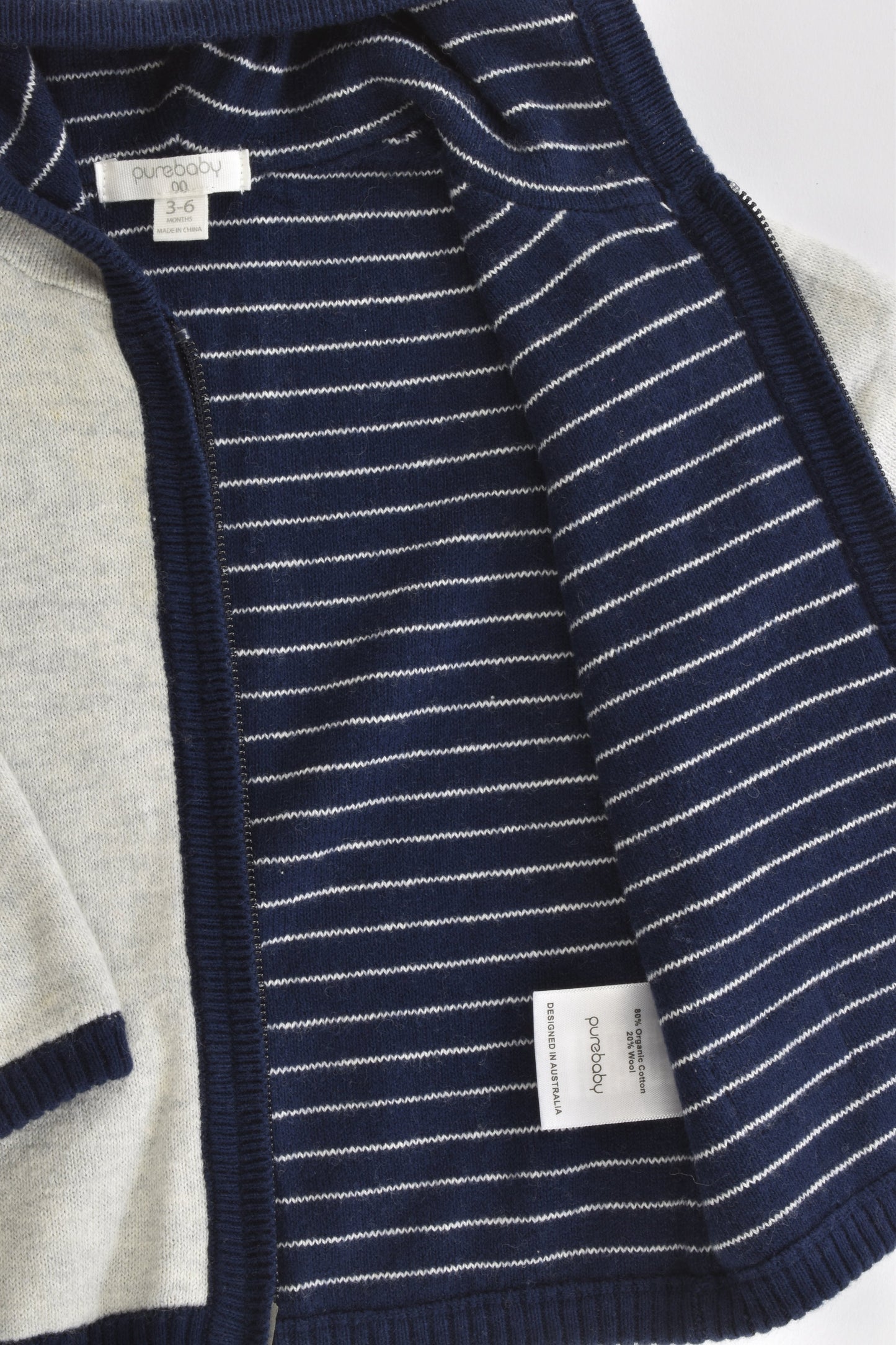 Purebaby Size 00 (3-6 months) Lined Hooded Cotton/Wool Jumper