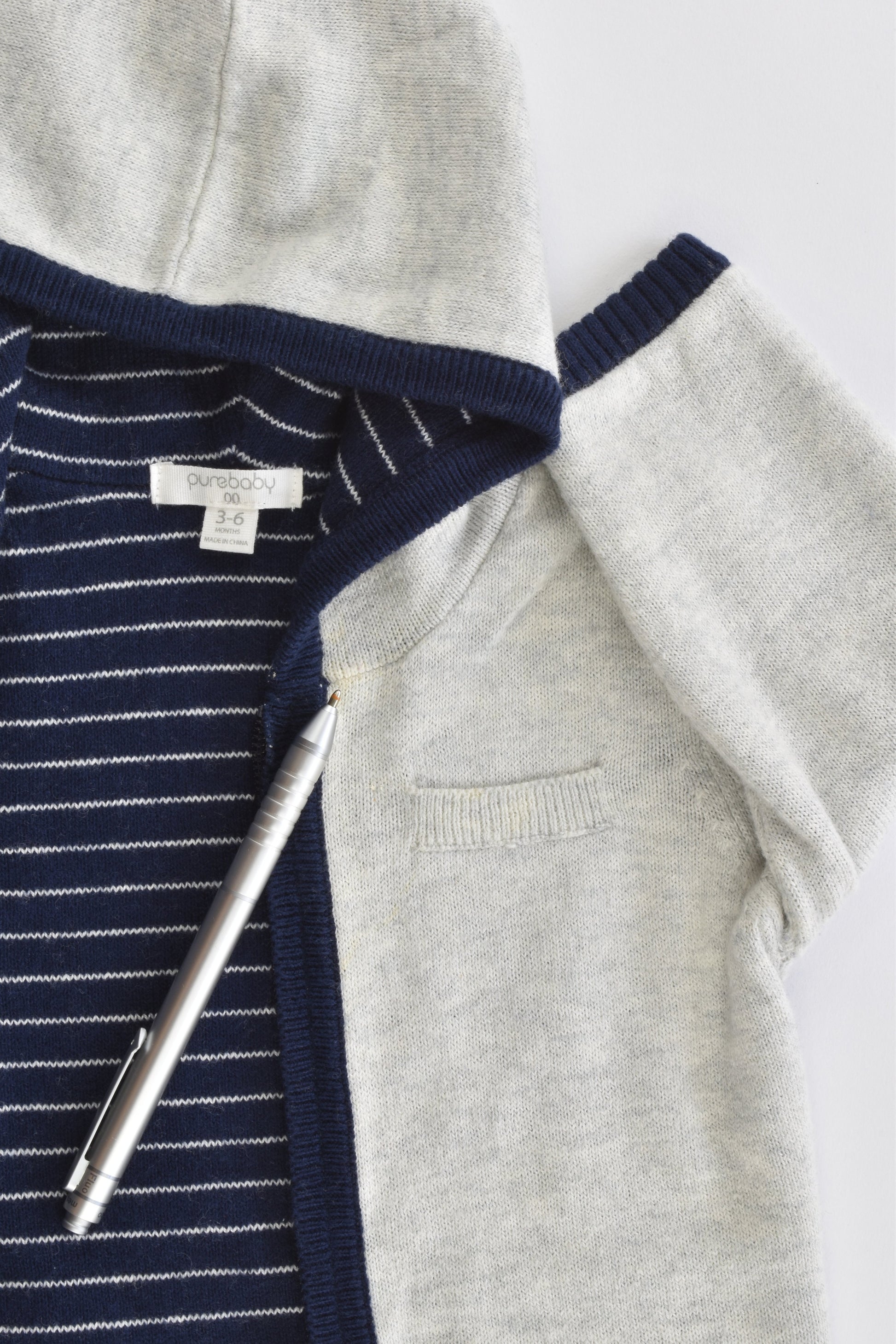 Purebaby Size 00 (3-6 months) Lined Hooded Cotton/Wool Jumper