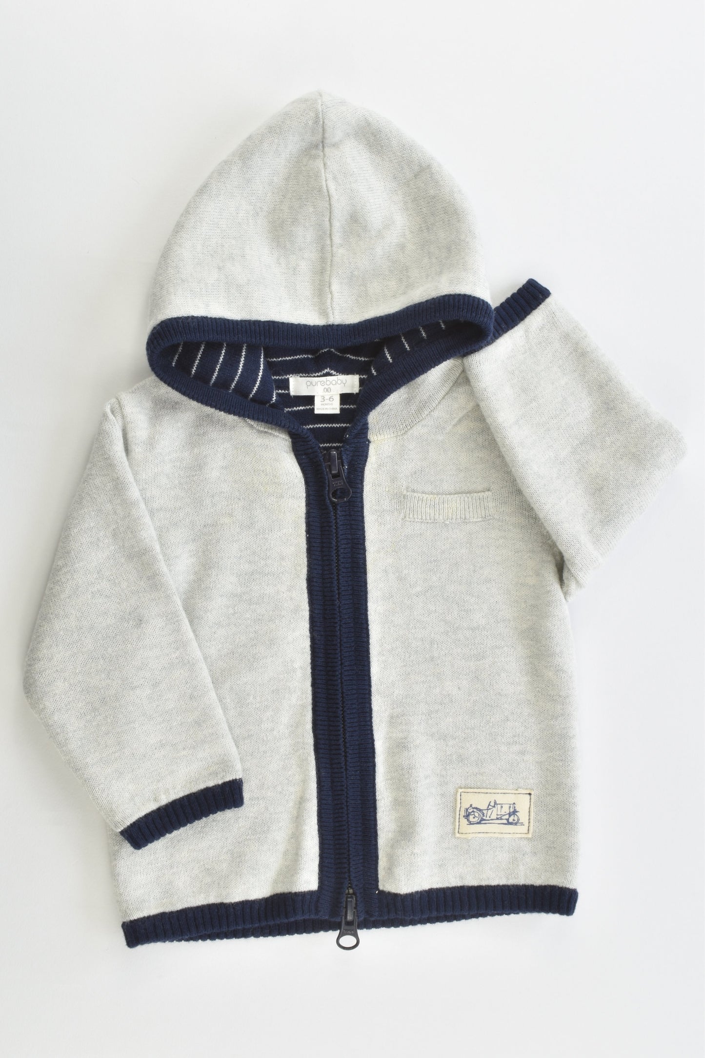Purebaby Size 00 (3-6 months) Lined Hooded Cotton/Wool Jumper