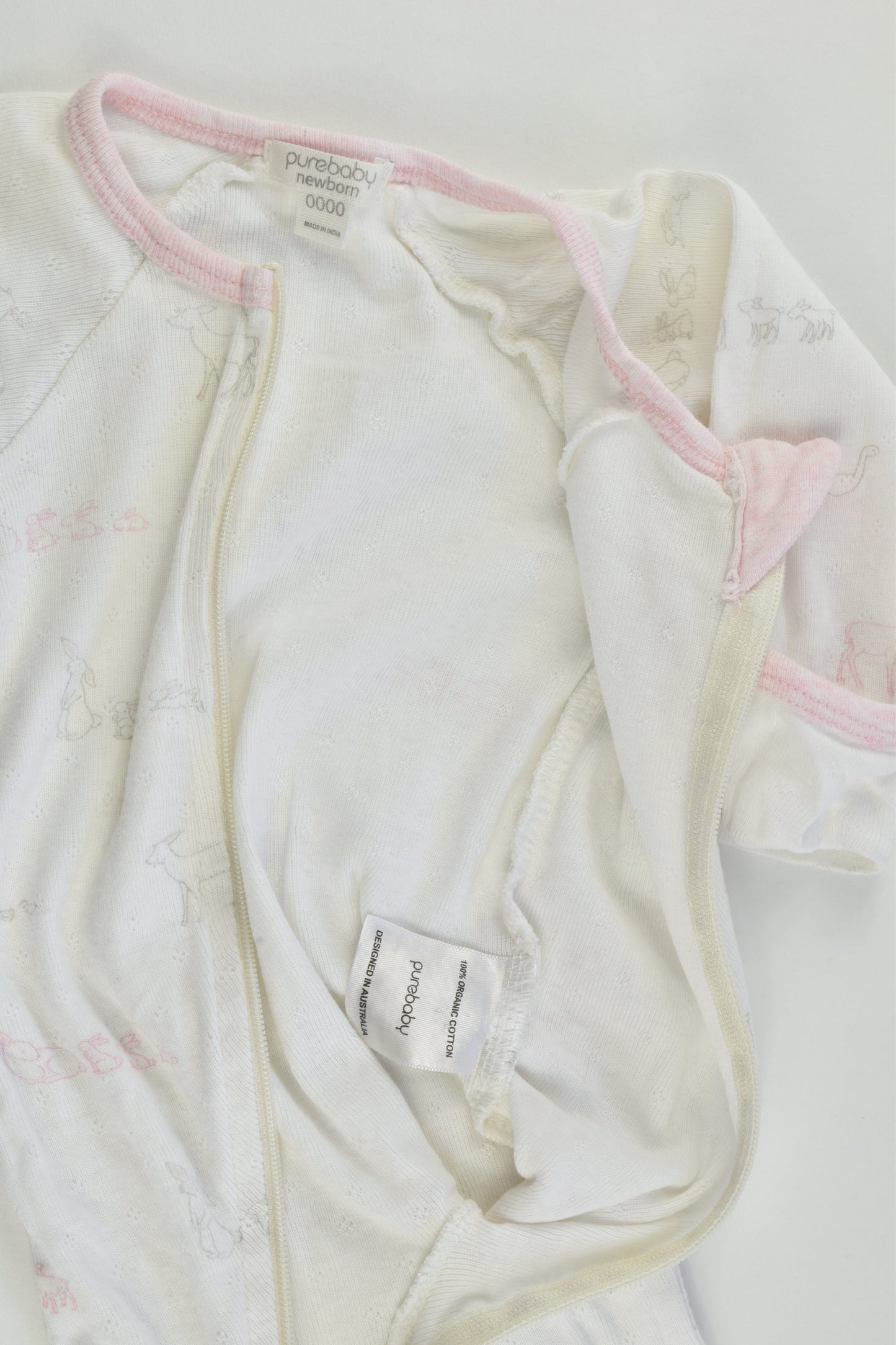 Purebaby Size 0000 (Newborn) Animals Footed Zip Romper