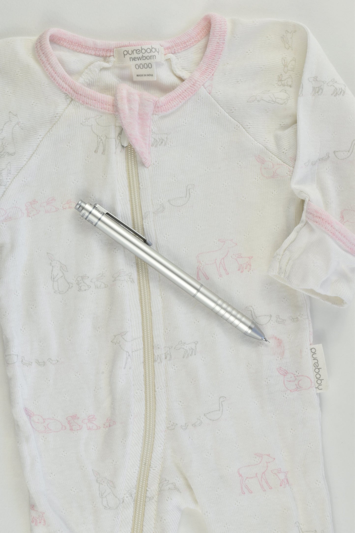 Purebaby Size 0000 (Newborn) Animals Footed Zip Romper