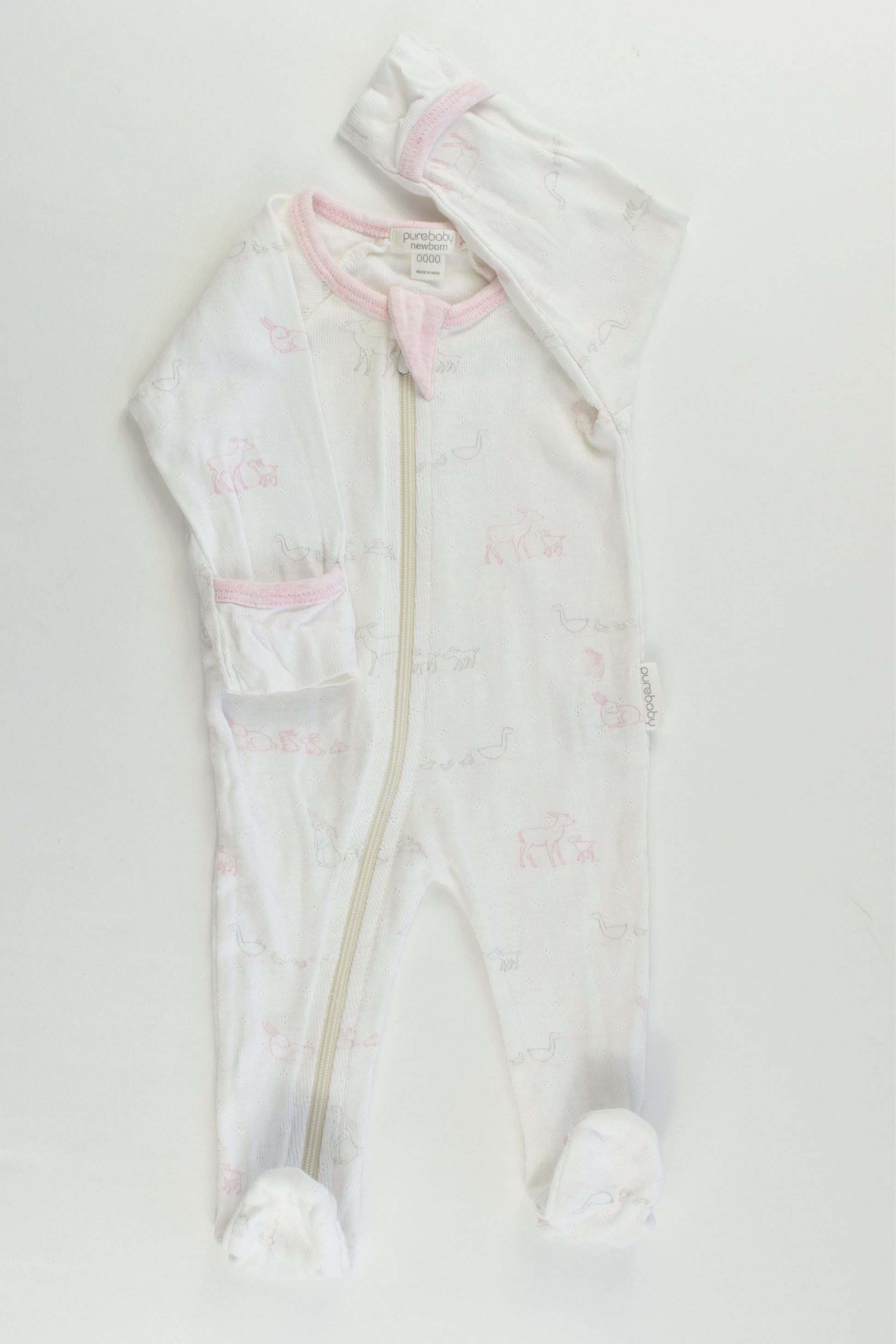 Purebaby Size 0000 (Newborn) Animals Footed Zip Romper