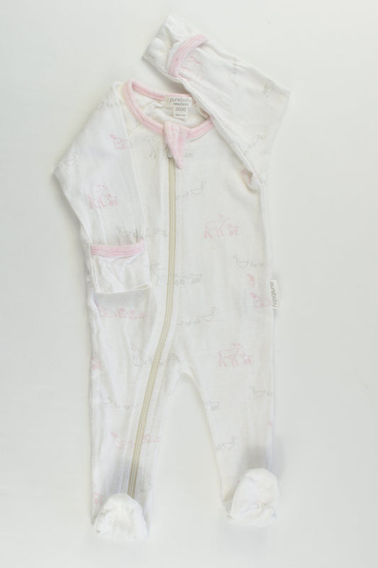 Purebaby Size 0000 (Newborn) Animals Footed Zip Romper