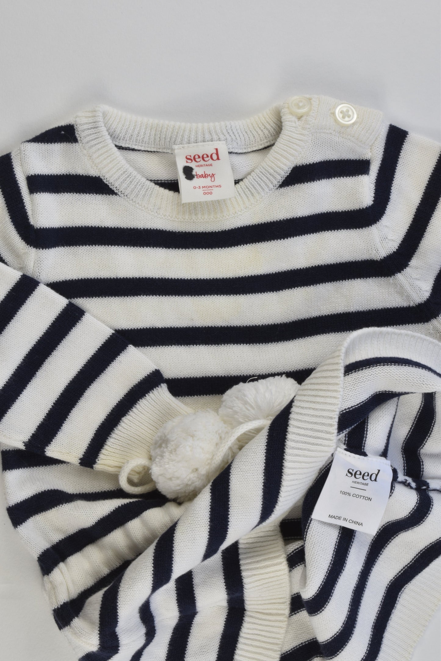 Seed Heritage Size 000 (0-3 months) Striped Knitted Dress with Pom Pom Belt