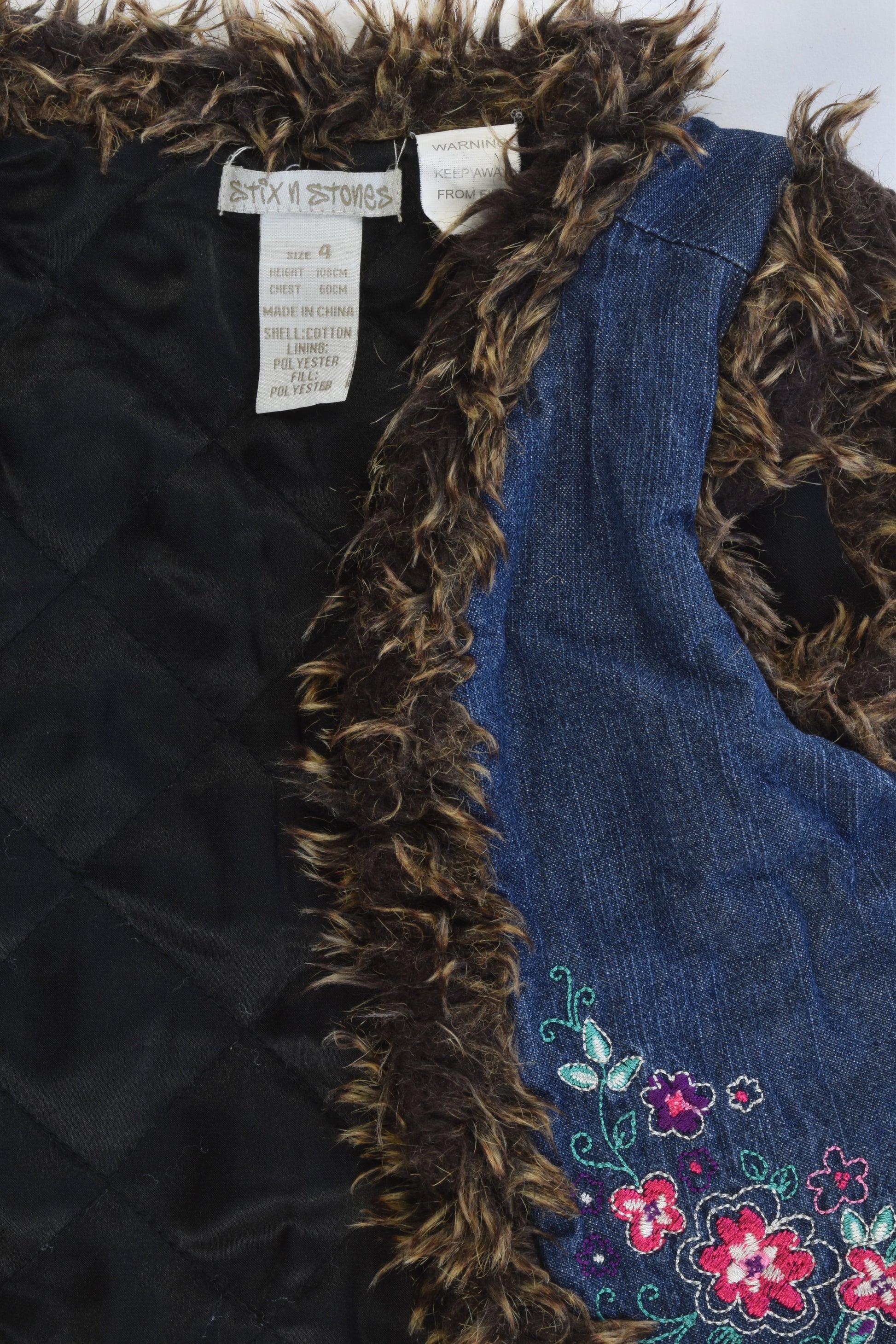 Stix n Stones Size 4 Lightly Padded Denim Vest with Floral Embroidery