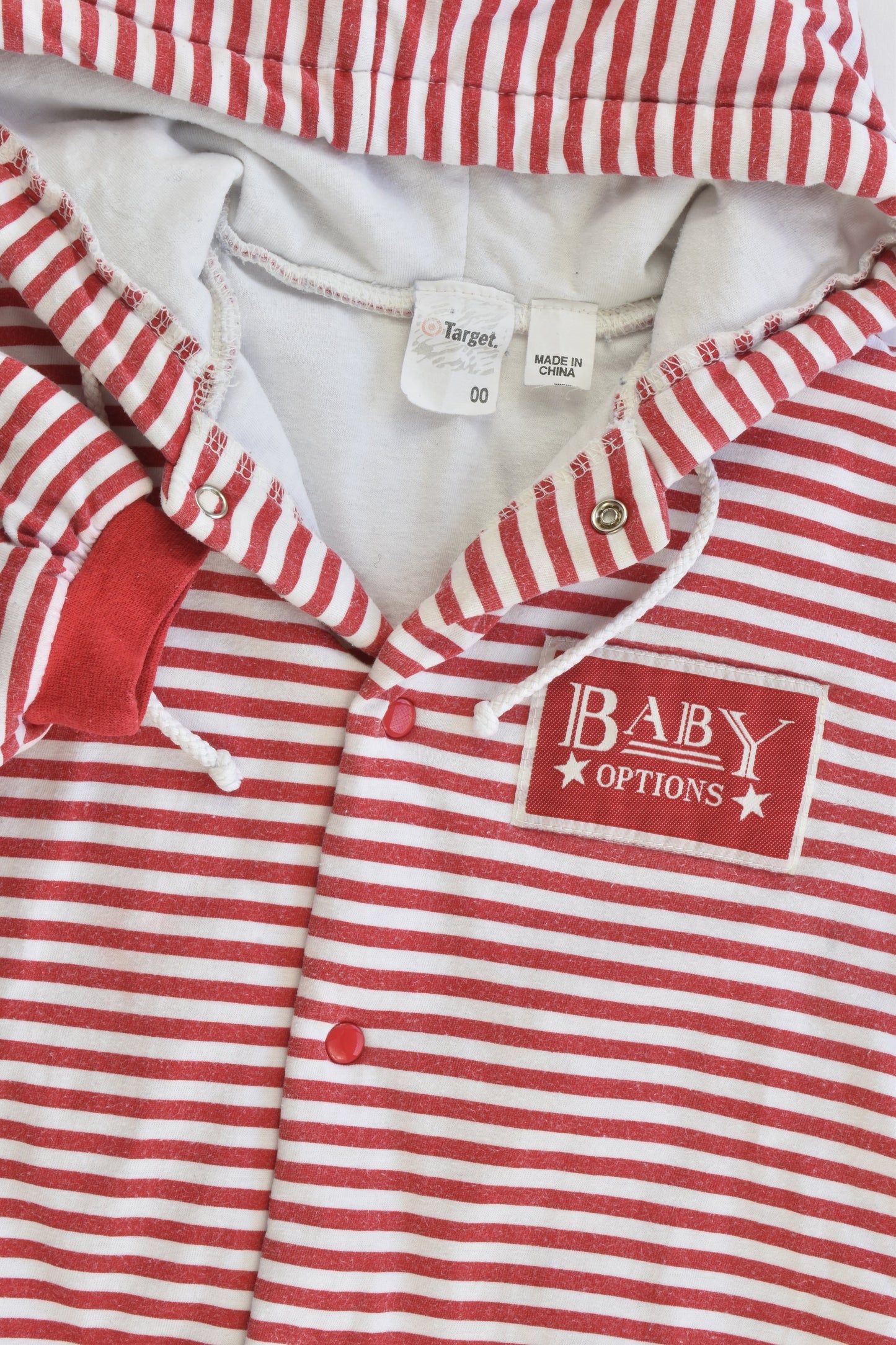 Target Size 00 (68 cm, 3-6 months) Vintage 'Baby Options' Striped Hooded Lightly Padded Pramsuit