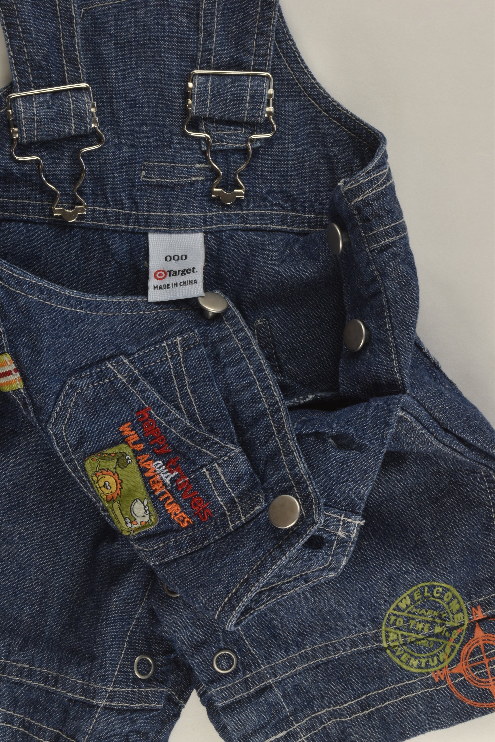 Target Size 00 'Happy Travels and Wild Adventures' Short Denim Overalls