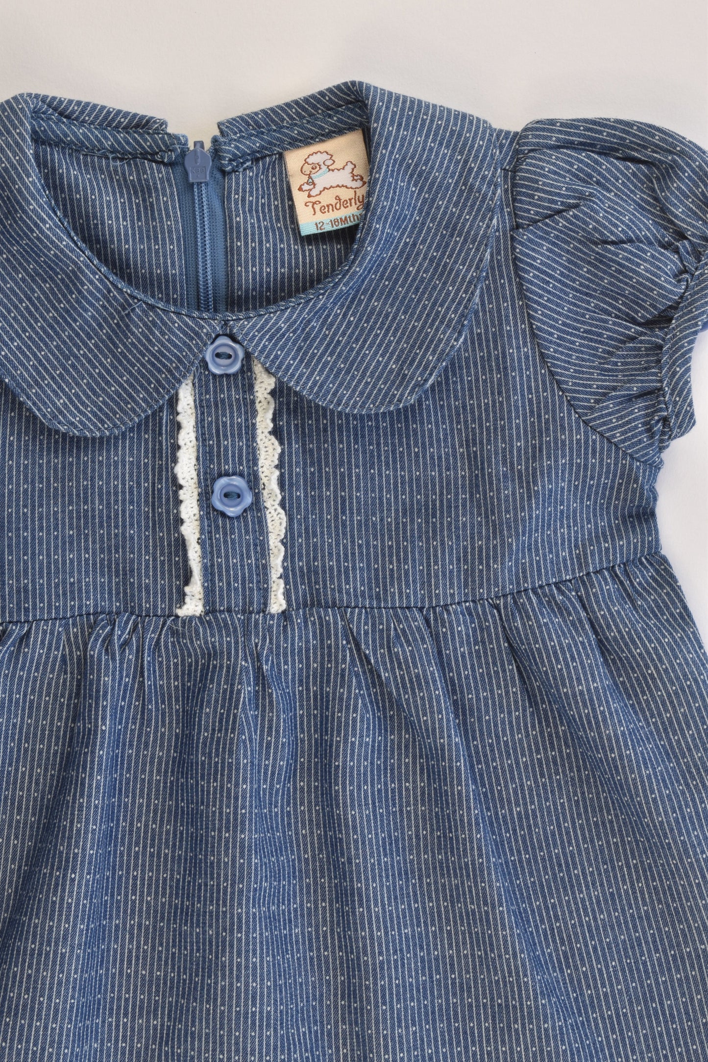 Tenderly Size 1 (12-18 months) Denim-like Collared Blouse with Lace Detail