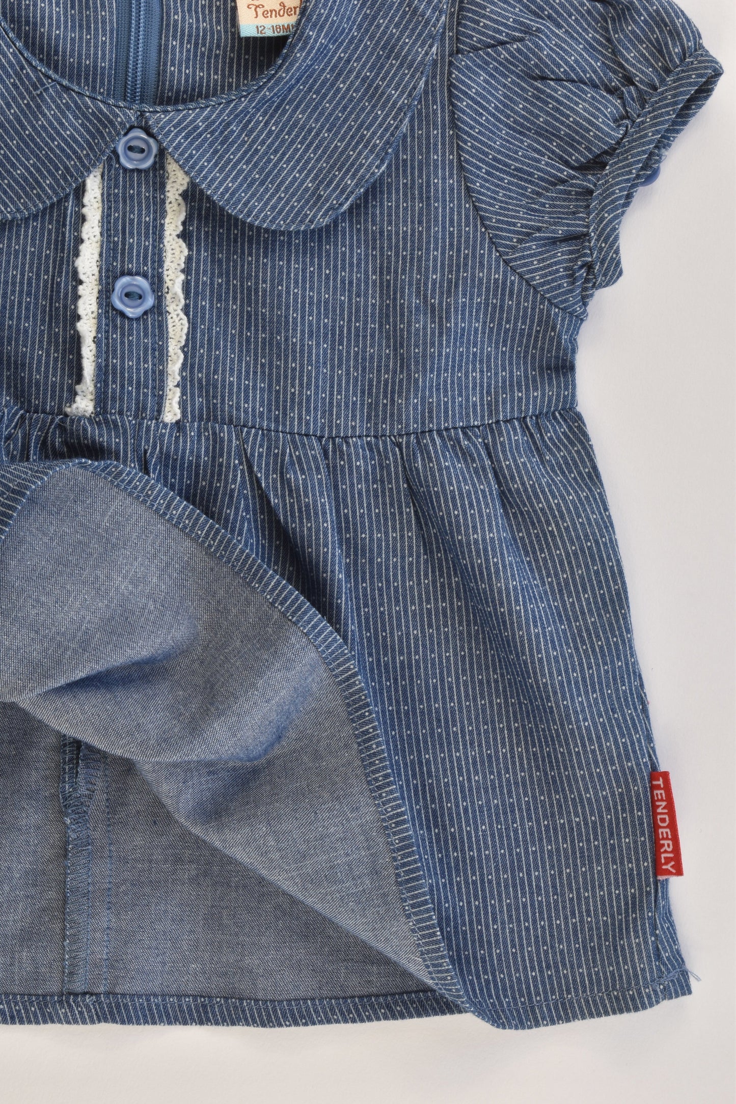 Tenderly Size 1 (12-18 months) Denim-like Collared Blouse with Lace Detail