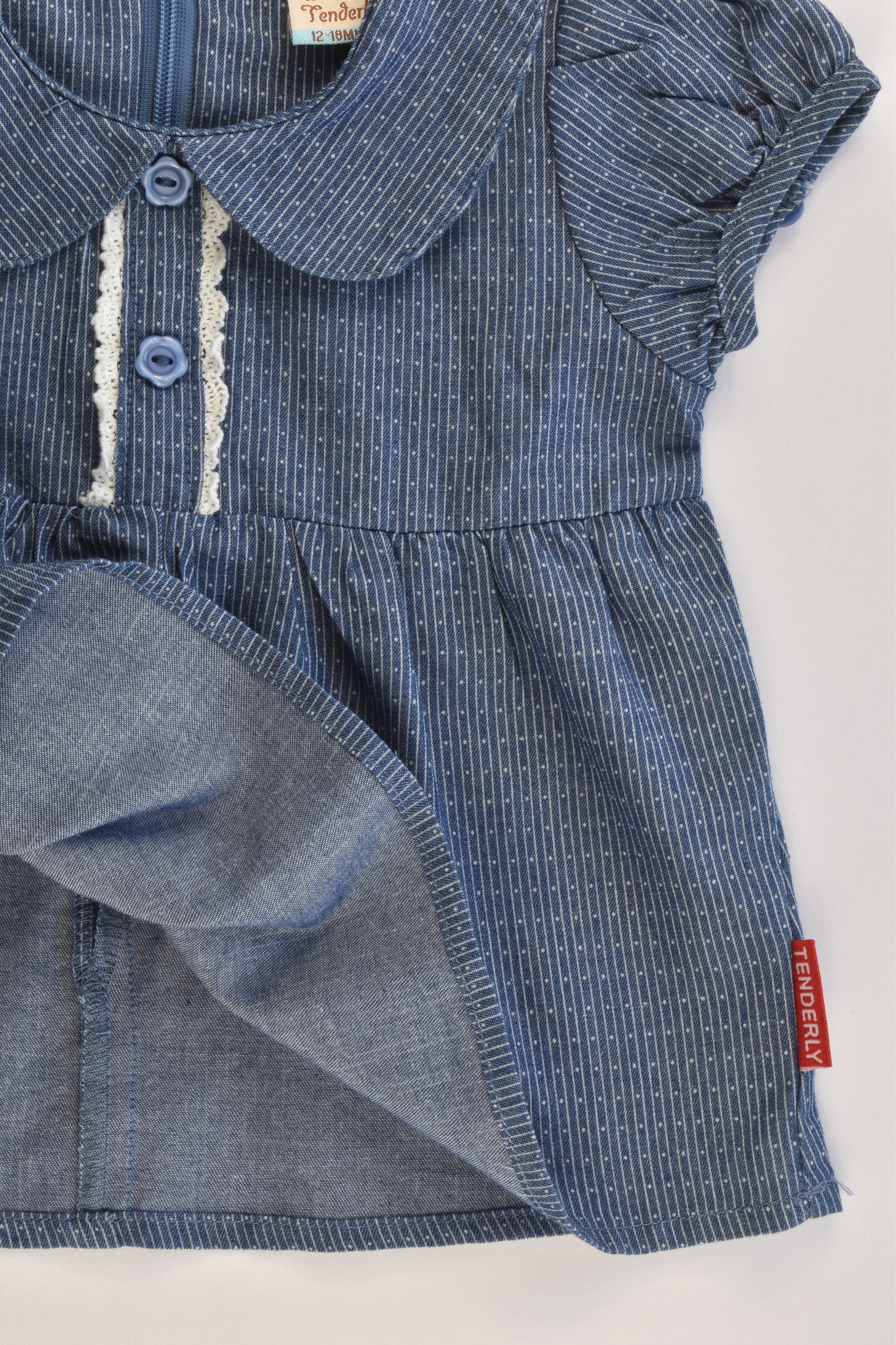 Tenderly Size 1 (12-18 months) Denim-like Collared Blouse with Lace Detail