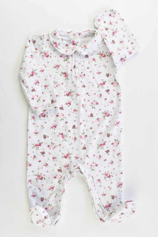 The Little White Company (London) Size 000 (0-3 months, up to 62 cm) Flowers and Birds Footed Romper