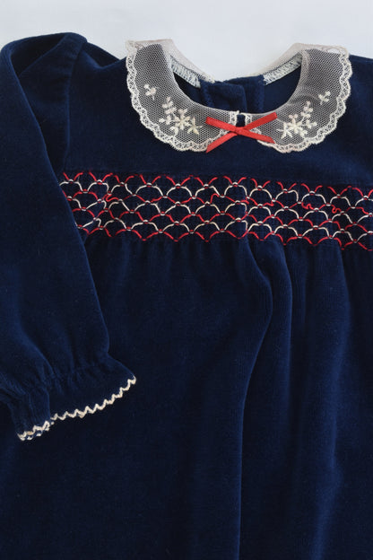 VINTAGE St Michael (UK) Size 0 (6-12 months) Collared Smocked Velour Dress