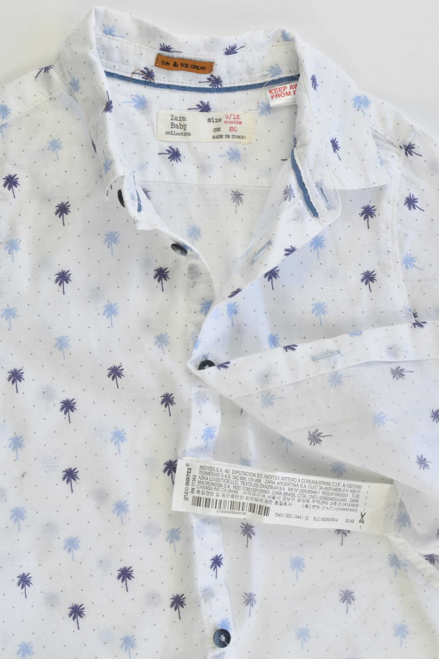 Zara Size 0 (9/12 months, 80 cm) Palm Trees Cotton/Linen Collared Shirt