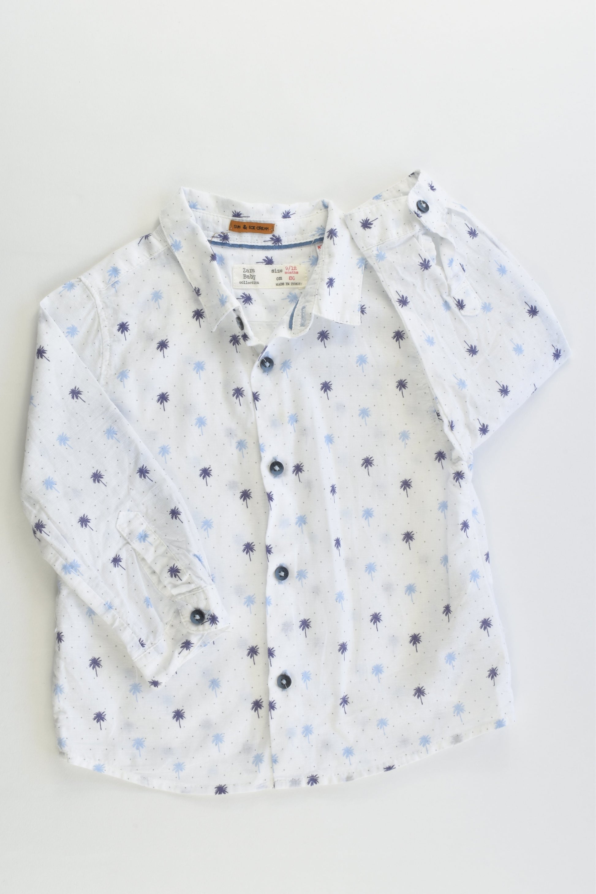 Zara Size 0 (9/12 months, 80 cm) Palm Trees Cotton/Linen Collared Shirt